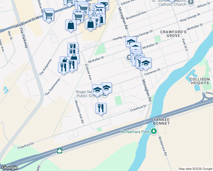 map of restaurants, bars, coffee shops, grocery stores, and more near 762 Cameron Street in Peterborough