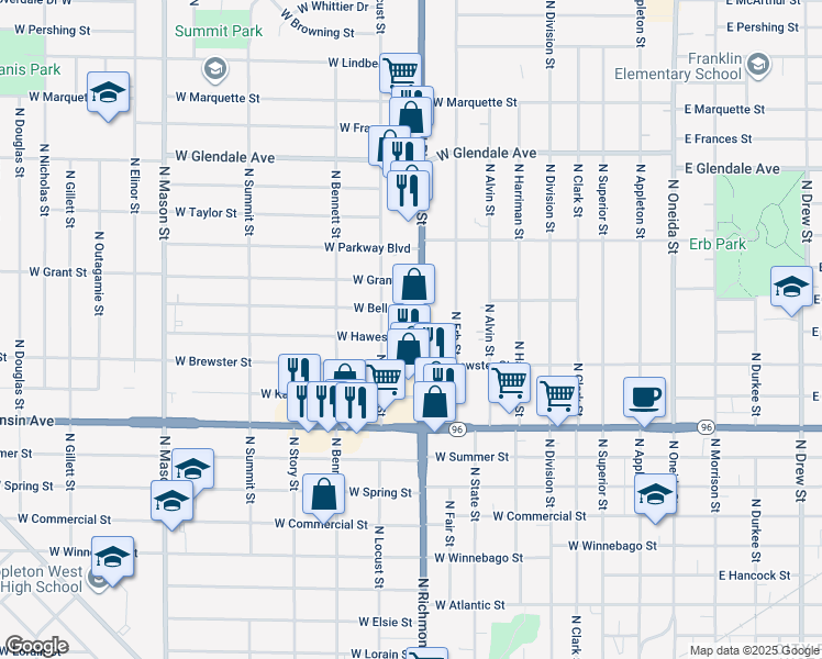 map of restaurants, bars, coffee shops, grocery stores, and more near 1601 North Richmond Street in Appleton