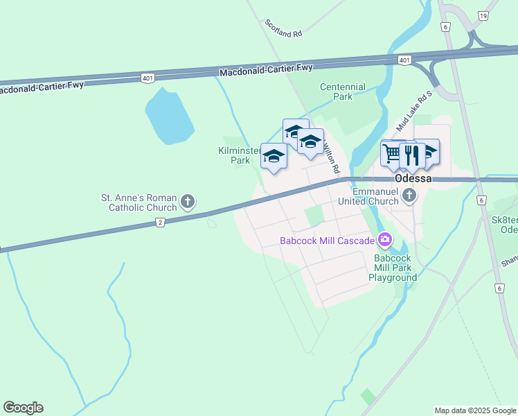 map of restaurants, bars, coffee shops, grocery stores, and more near 35 Main Street in Odessa