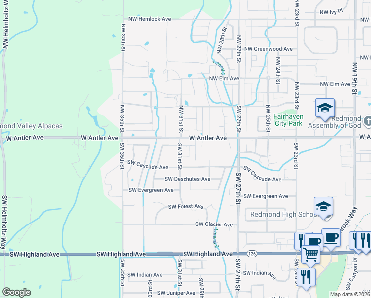 map of restaurants, bars, coffee shops, grocery stores, and more near 3107 Southwest Black Butte Lane in Redmond