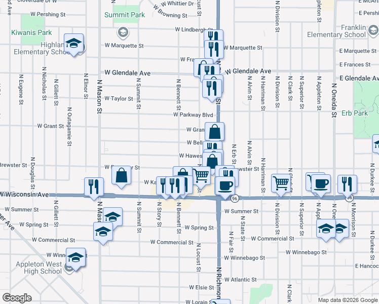 map of restaurants, bars, coffee shops, grocery stores, and more near 816 West Hawes Avenue in Appleton