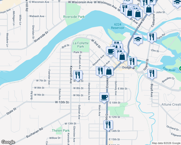 map of restaurants, bars, coffee shops, grocery stores, and more near 126 West 6th Street in Kaukauna