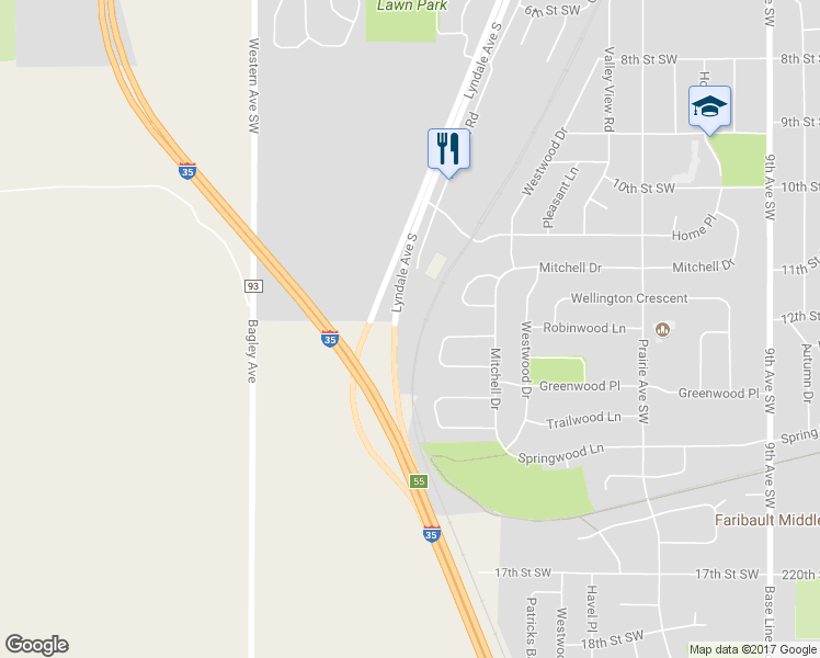 map of restaurants, bars, coffee shops, grocery stores, and more near 1101 Faribault Road in Faribault