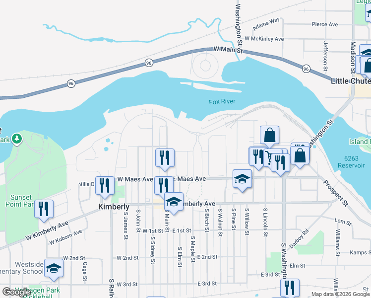 map of restaurants, bars, coffee shops, grocery stores, and more near 203 Clubhouse Lane in Kimberly