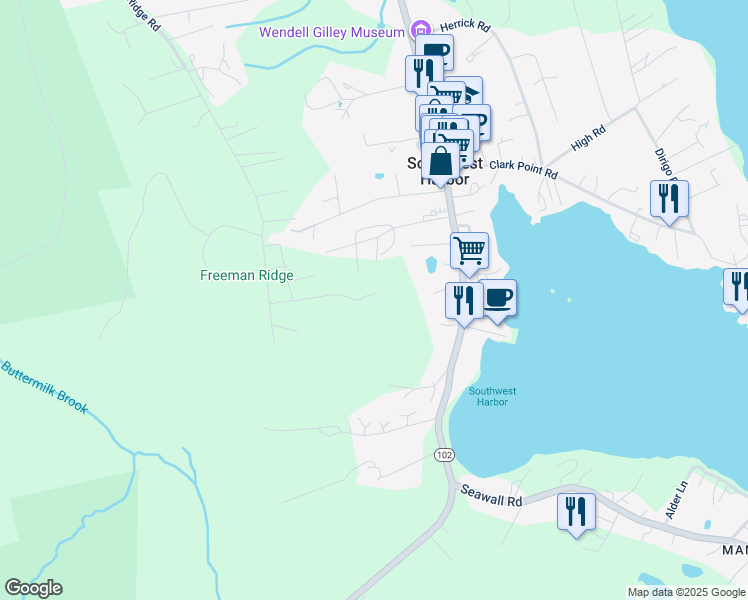 map of restaurants, bars, coffee shops, grocery stores, and more near 26 Eastview Lane in Southwest Harbor
