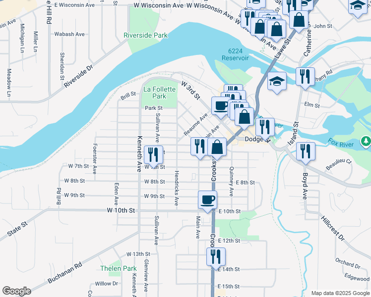 map of restaurants, bars, coffee shops, grocery stores, and more near 125 West 6th Street in Kaukauna