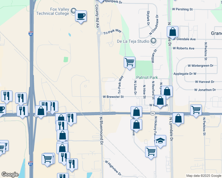 map of restaurants, bars, coffee shops, grocery stores, and more near 3133 Tri Park Court in Appleton