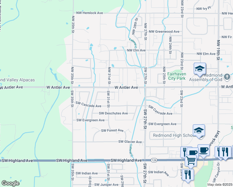 map of restaurants, bars, coffee shops, grocery stores, and more near 160 Southwest 30th Street in Redmond