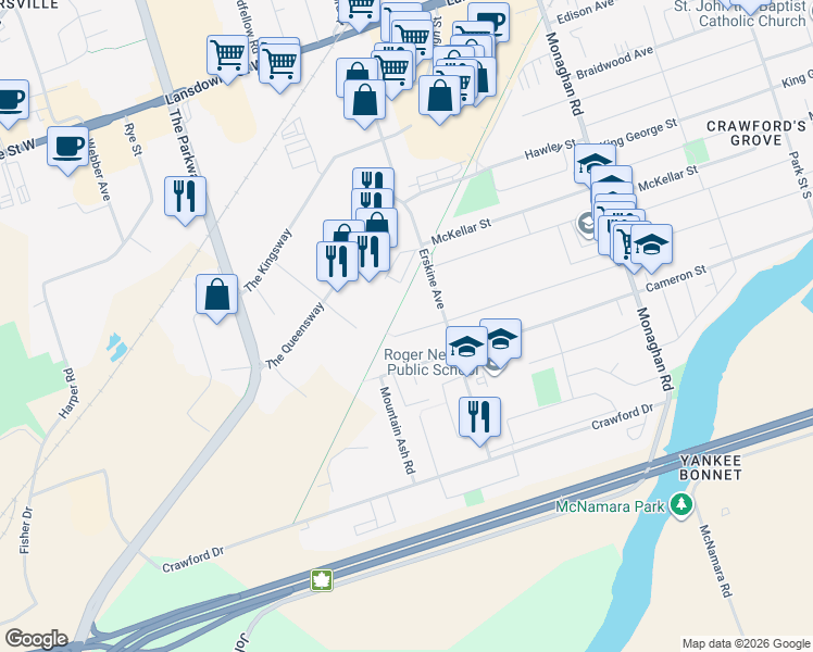 map of restaurants, bars, coffee shops, grocery stores, and more near in Peterborough