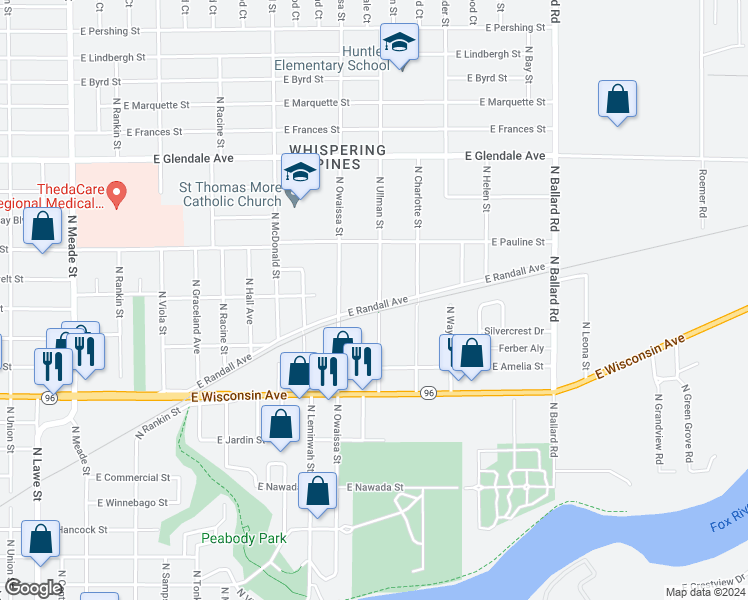 map of restaurants, bars, coffee shops, grocery stores, and more near 1603 North Ullman Street in Appleton