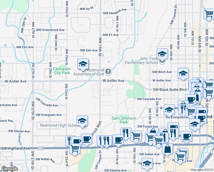 map of restaurants, bars, coffee shops, grocery stores, and more near 1822 West Antler Avenue in Redmond