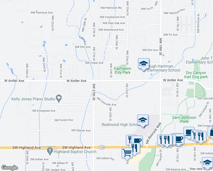 map of restaurants, bars, coffee shops, grocery stores, and more near 2507 Southwest Cascade Mountain Lane in Redmond