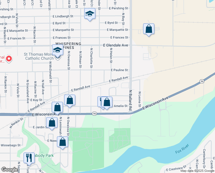 map of restaurants, bars, coffee shops, grocery stores, and more near 15 Woodmere Court in Appleton
