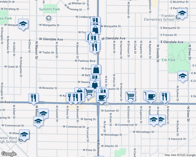 map of restaurants, bars, coffee shops, grocery stores, and more near 1601 North Richmond Street in Appleton
