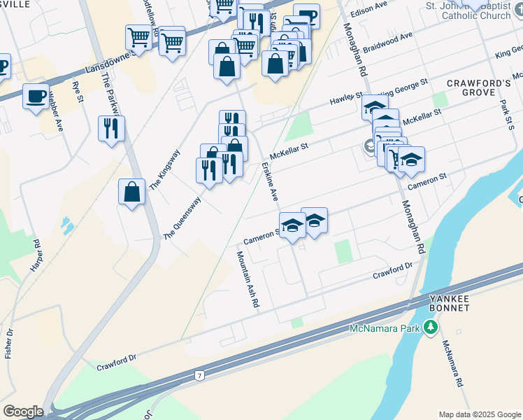 map of restaurants, bars, coffee shops, grocery stores, and more near in Peterborough