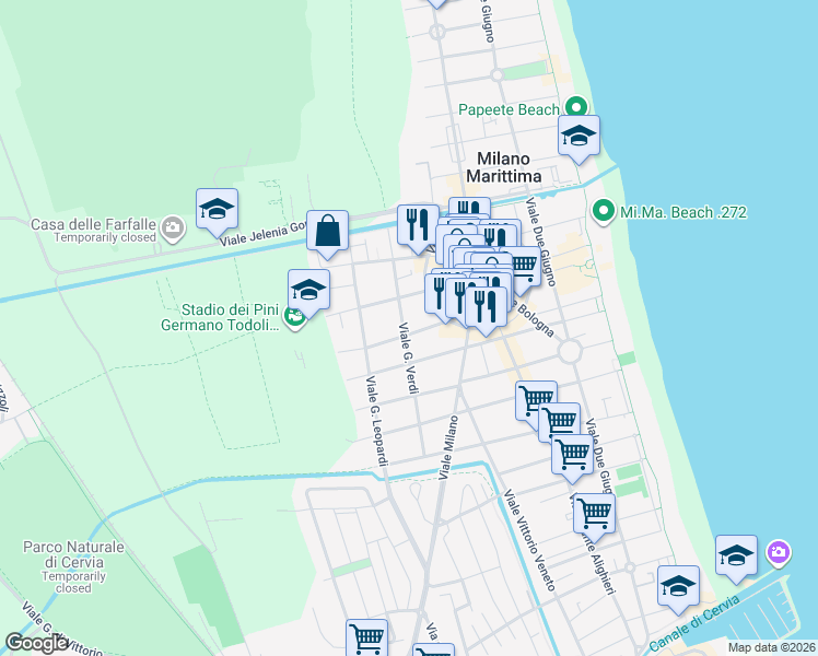 map of restaurants, bars, coffee shops, grocery stores, and more near 8 Via Tiziano in Cervia