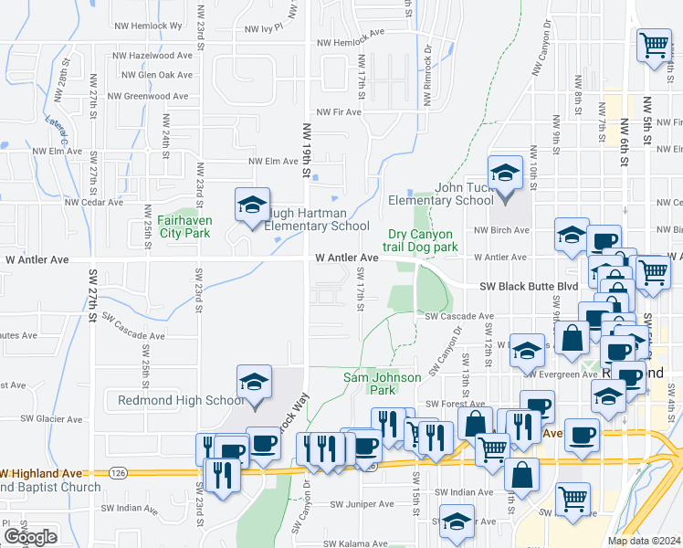 map of restaurants, bars, coffee shops, grocery stores, and more near 1822 West Antler Avenue in Redmond