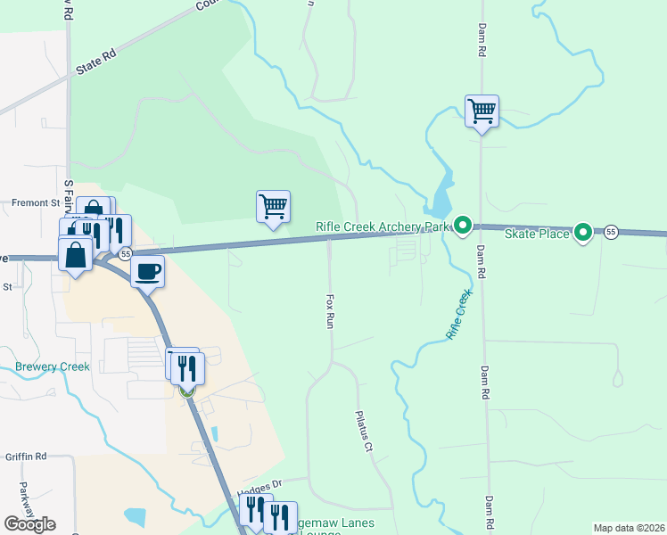 map of restaurants, bars, coffee shops, grocery stores, and more near Fox Run in West Branch