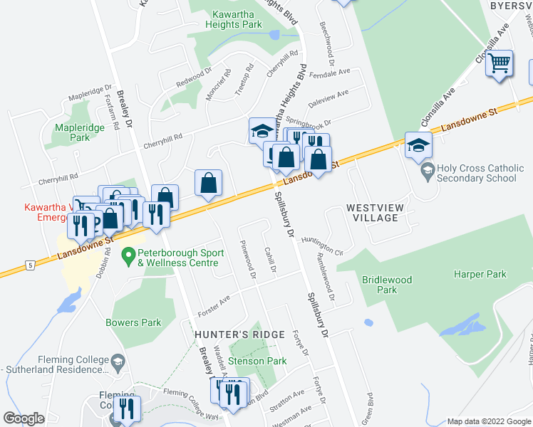 map of restaurants, bars, coffee shops, grocery stores, and more near 1572 Cahill Drive in Peterborough