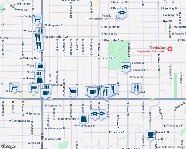 map of restaurants, bars, coffee shops, grocery stores, and more near 1528 North Appleton Street in Appleton