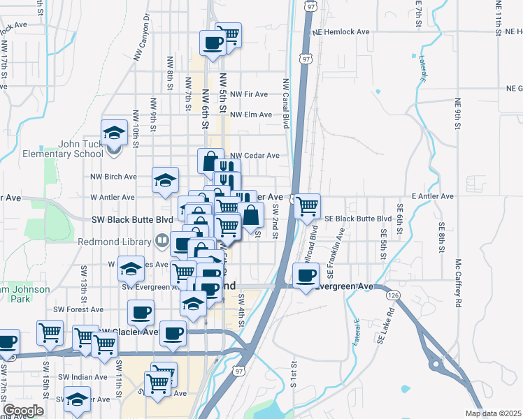 map of restaurants, bars, coffee shops, grocery stores, and more near 209 Southwest 3rd Street in Redmond