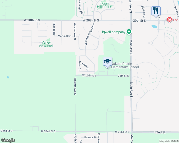 map of restaurants, bars, coffee shops, grocery stores, and more near West 26th Street South in Brookings