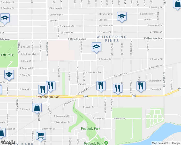 map of restaurants, bars, coffee shops, grocery stores, and more near 1600 North Hall Avenue in Appleton