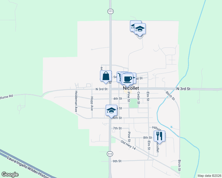 map of restaurants, bars, coffee shops, grocery stores, and more near 437 North 3rd Street in Nicollet