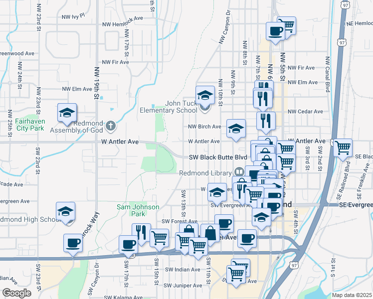 map of restaurants, bars, coffee shops, grocery stores, and more near 207 Southwest Canyon Drive in Redmond