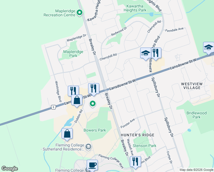 map of restaurants, bars, coffee shops, grocery stores, and more near 1774 Lansdowne Street in Peterborough