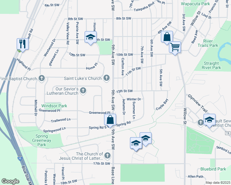 map of restaurants, bars, coffee shops, grocery stores, and more near 1250 Autumn Drive in Faribault