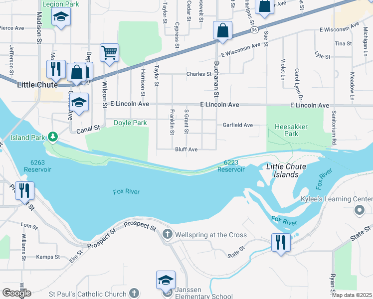 map of restaurants, bars, coffee shops, grocery stores, and more near Bluff Avenue in Little Chute