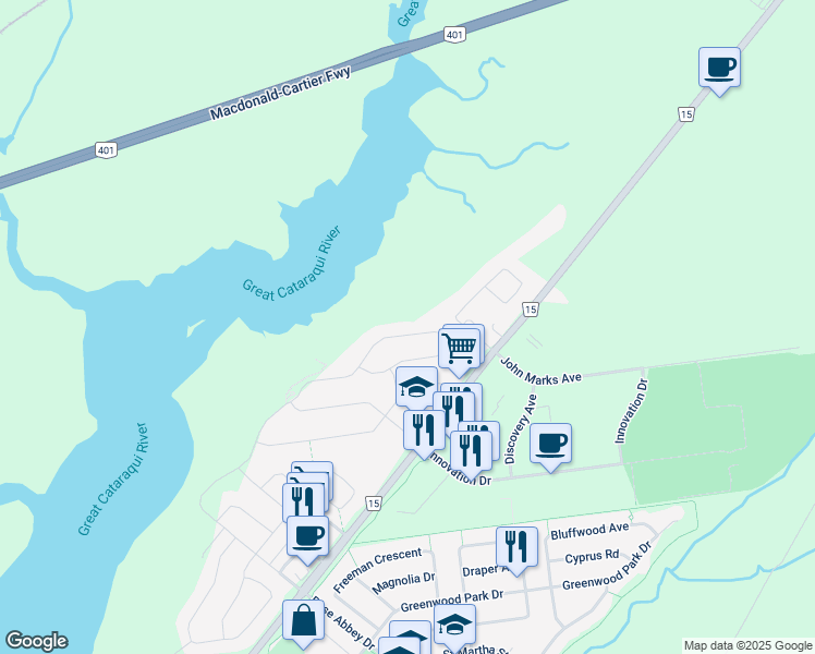 map of restaurants, bars, coffee shops, grocery stores, and more near 1388 Waterside Way in Kingston