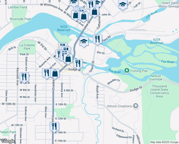 map of restaurants, bars, coffee shops, grocery stores, and more near 777 Island Street in Kaukauna
