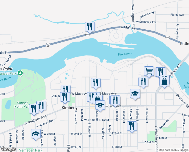 map of restaurants, bars, coffee shops, grocery stores, and more near 324 North Main Street in Kimberly