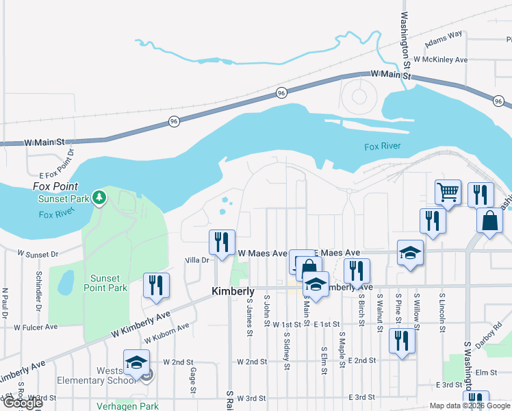 map of restaurants, bars, coffee shops, grocery stores, and more near 404 North John Street in Kimberly