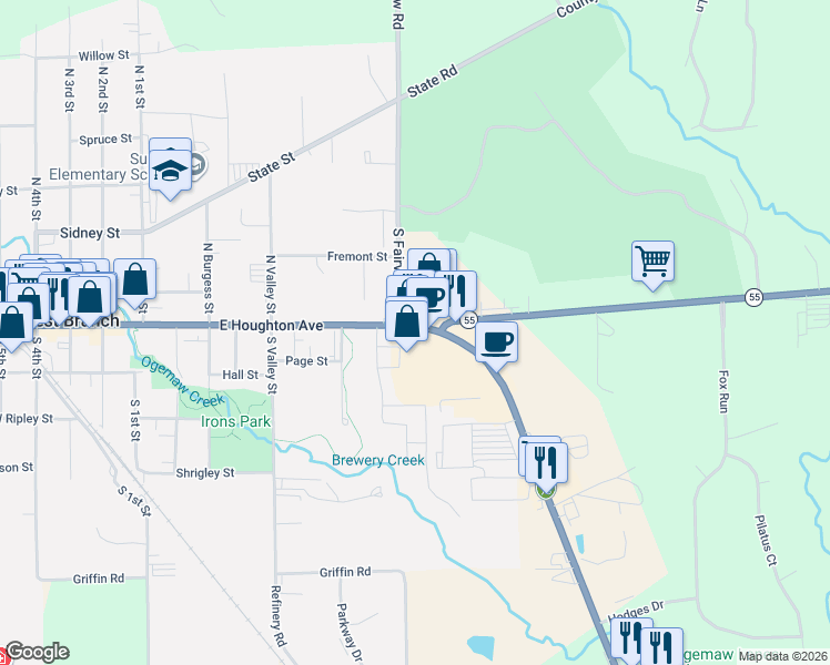map of restaurants, bars, coffee shops, grocery stores, and more near 111 Plaza Drive in West Branch