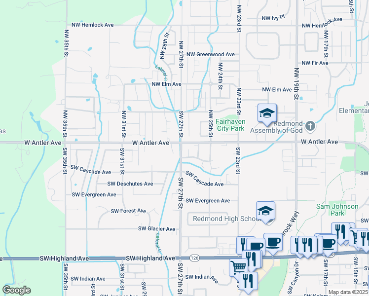 map of restaurants, bars, coffee shops, grocery stores, and more near 2614 Southwest Cascade Mountain Lane in Redmond
