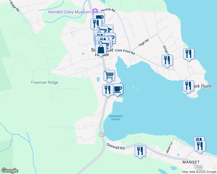 map of restaurants, bars, coffee shops, grocery stores, and more near 423 Main Street in Southwest Harbor