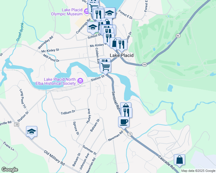 map of restaurants, bars, coffee shops, grocery stores, and more near 6053 Newman Road in Lake Placid