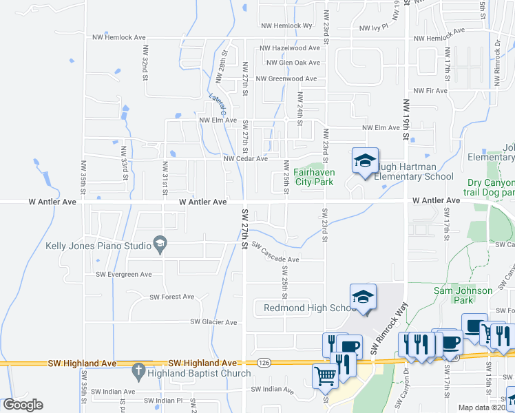 map of restaurants, bars, coffee shops, grocery stores, and more near 150 Southwest Cascade Mountain Court in Redmond