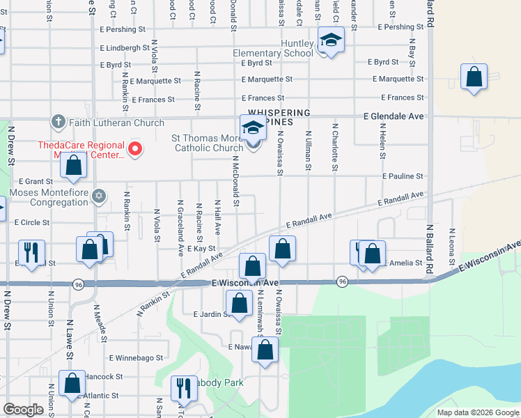 map of restaurants, bars, coffee shops, grocery stores, and more near 1521 North Kenilworth Avenue in Appleton