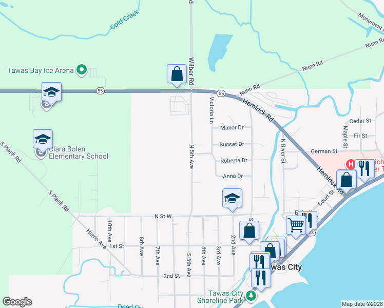map of restaurants, bars, coffee shops, grocery stores, and more near 462 North 5th Avenue in Tawas City