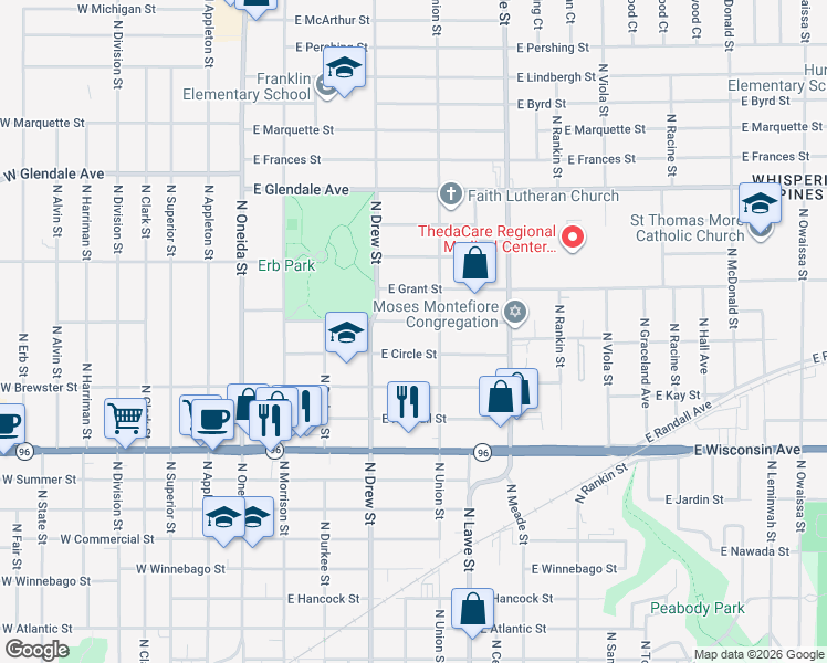 map of restaurants, bars, coffee shops, grocery stores, and more near 435 East Grant Street in Appleton