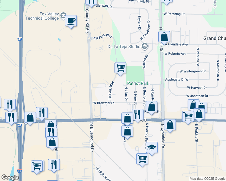 map of restaurants, bars, coffee shops, grocery stores, and more near 1520 Tri-Park Way in Appleton
