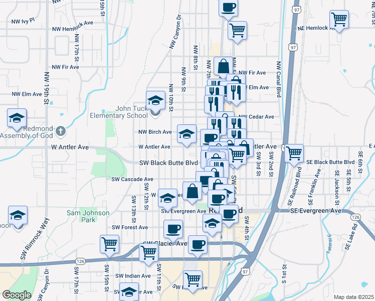 map of restaurants, bars, coffee shops, grocery stores, and more near 850 West Antler Avenue in Redmond