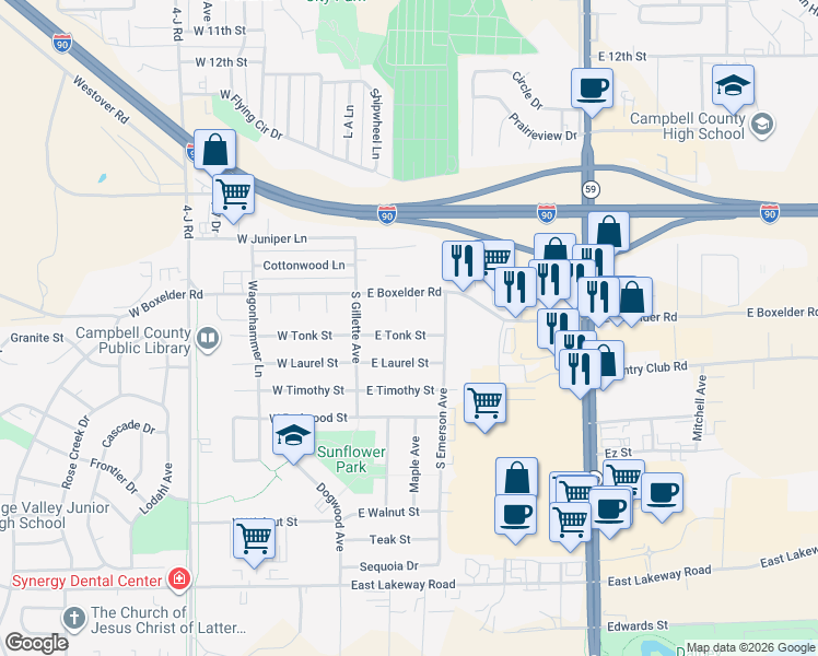 map of restaurants, bars, coffee shops, grocery stores, and more near 1900-1998 Maple Cir in Gillette