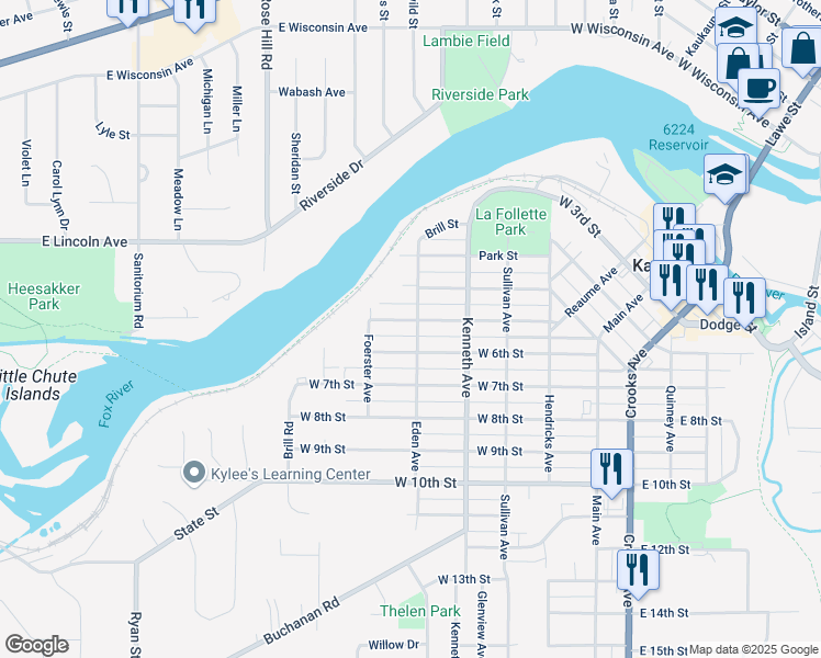 map of restaurants, bars, coffee shops, grocery stores, and more near 409 Eden Avenue in Kaukauna