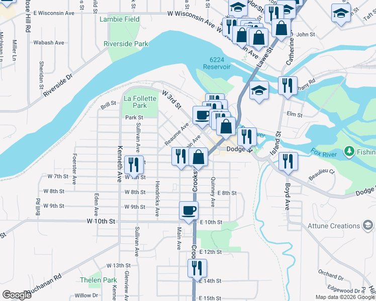 map of restaurants, bars, coffee shops, grocery stores, and more near 408 Main Avenue in Kaukauna
