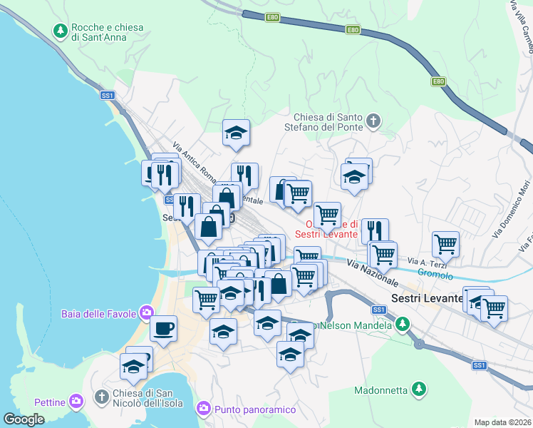 map of restaurants, bars, coffee shops, grocery stores, and more near 203 Via Nazionale in Sestri Levante